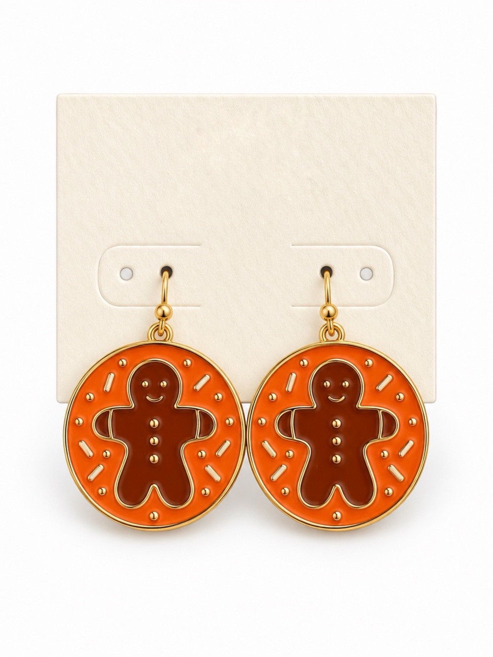 Brown Gingerbread & Orange Enamel Round Disc Santa Christmas 1" Gold Earrings